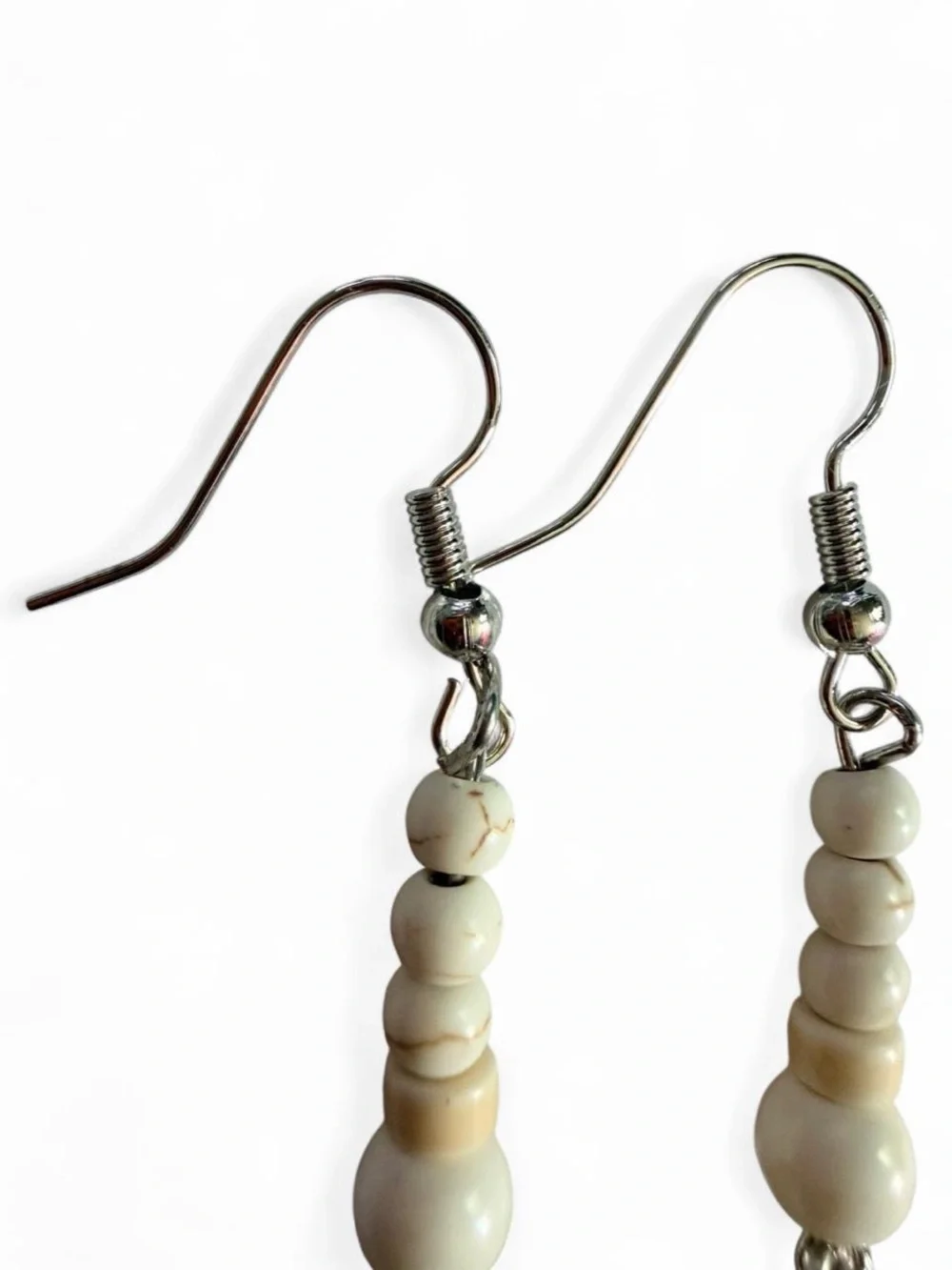 Handmade Cream Howlite Stone Beaded Long Dangle Earrings OOAK